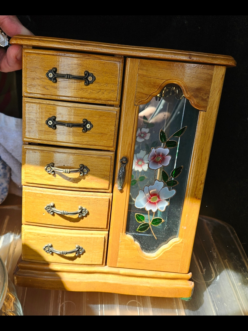 antique wooden jewelry case with stained glass floral detail